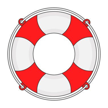 Beyaz zemin üzerinde siyah çizgili kırmızı ve beyaz renkli Lifebuoy ip ikonu, simge yardım, kurtarma veya yardım sembolüdür. Web yassı simgesi. Vektör illüstrasyonu beyaz arkaplanda izole edildi.