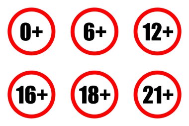 0, 3, 6, 12, 18, 21 artı işaret limiti konsepti sansürlendi. Yaş kısıtlamaları, sansür. Vektör stok illüstrasyonu