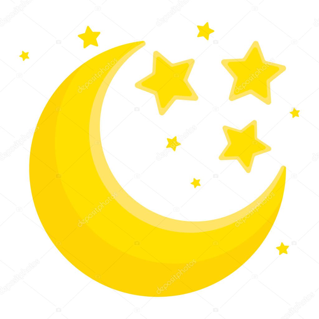Moon and stars yellow close-up icon. Abstract moon. The symbol of dreams and night. Yellow moon and stars isolated on white background. Vector icon 