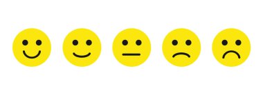 Beyaz arkaplanda vektör duygu geri besleme ölçeği. Kızgın, üzgün, tarafsız ve mutlu ifade seti. Komik çizgi film Emoji ikonu. resimleme