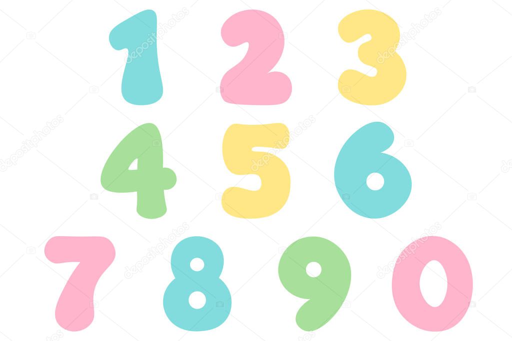 Kids colored cartoon number set in pastel colors isolated on white background. set of 1-9 digit baby icons. school mathematical symbols. Vector illustration 