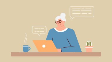 Kıdemli kadın bir dizüstü bilgisayar kullanarak modern teknolojileri öğreniyor ve okuyor. Pozitif gülümseyen bir büyükanne bilgisayarın başına oturur, internette iletişim kurar ve yeni şeyler öğrenir. Bir yetişkin çalışıyor..