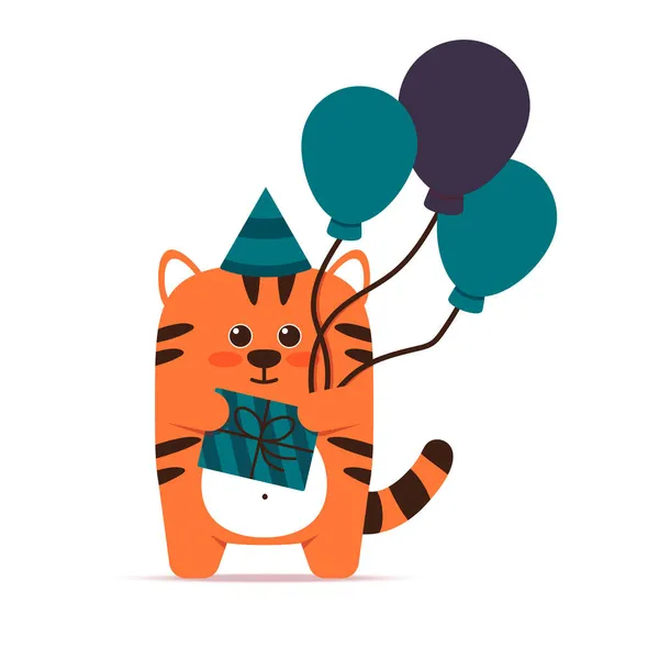 Cute little orange tiger cat in a flat style. An animal with balloons is standing with a gift in a box and a cap. Happy birthday and holiday greetings. For banner, nursery, decor. Vector illustration. — Stock Vector
