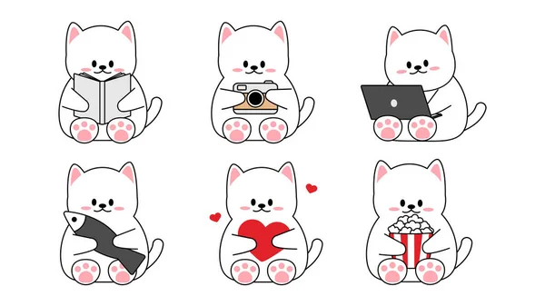 Samling av olika söta små katter på en vit bakgrund. Kawaii uppsättning roliga djur tecken design i tecknad stil. Sällskapsdjur. Klistermärken. Vektorillustration. — Stock vektor