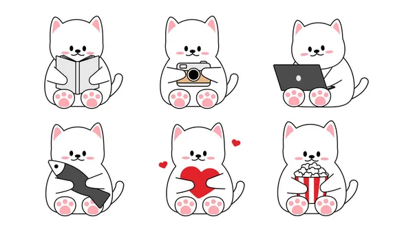 Beyaz arka planda farklı şirin kedi koleksiyonu. Kawaii çizgi film stili komik hayvan karakterleri dizaynı. Evcil kedi. Bebek çıkartmaları. Vektör illüstrasyonu.