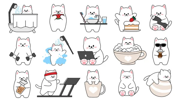 Beyaz arka planda farklı şirin kedi koleksiyonu. Kawaii çizgi film stili komik hayvan karakterleri dizaynı. Evcil kedi. Bebek çıkartmaları. Vektör illüstrasyonu.