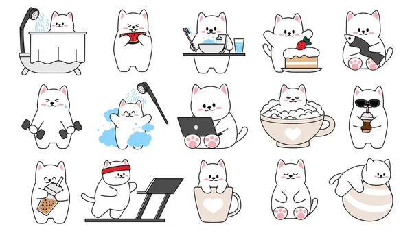 Collection de différents petits chats mignons sur un fond blanc. Kawaii ensemble de personnages animaux drôles de conception dans le style de dessin animé. Chat de compagnie. Stickers bébé. Illustration vectorielle. — Image vectorielle