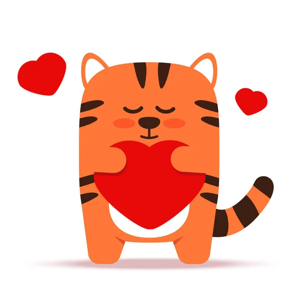 Cute little orange tiger cat in a flat style. The animal standing with a heart. The symbol of the Chinese New Year 2022. For banner, nursery, decor. Vector hand drawn illustration. — Stock Vector