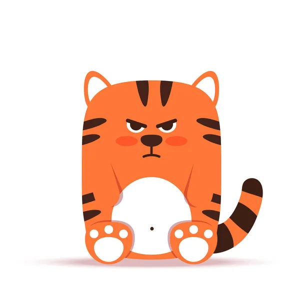 Leuke kleine oranje tijgerkat in een platte stijl. Het dier zit boos en somber. Het symbool van het Chinese Nieuwjaar 2022. Voor banier, kinderkamer, decor. Vector hand getekend illustratie. — Stockvector