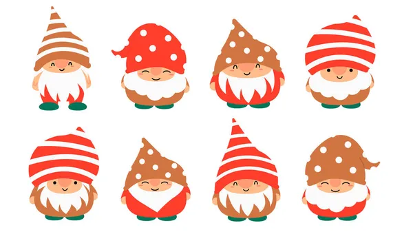 Pequeño jardín lindo gnomos y elfos en estilo de dibujos animados. Hadas características para niños y niños. Gnomo Kawaii y diseño de elfos mágicos. Ilustración vectorial. — Vector de stock