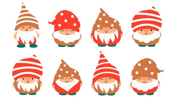 Petits gnomes et elfes mignons de jardin dans le style de dessin animé. Fées caractéristiques pour les enfants et les enfants. Kawaii gnome et elfe magique design. Illustration vectorielle. — Image vectorielle