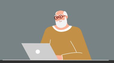 Kıdemli adam bir dizüstü bilgisayar kullanarak modern teknolojileri öğreniyor ve öğretiyor. Olumlu gülümseyen bir büyükbaba bilgisayarın başına oturur, internette iletişim kurar ve yeni şeyler öğrenir. Yetişkin çalışıyor. Vektör.