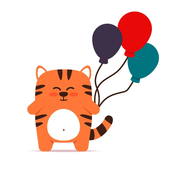 Leuke kleine oranje tijgerkat in een platte stijl. Er staat een dier met ballonnen. Gelukkige verjaardag en feestwensen. Voor banier, kinderkamer, decor. Vector hand getekend illustratie. — Stockvector