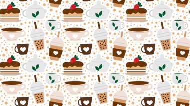 Kafe menüsü için içecekler ve tatlılar ile kusursuz tekrarlanan şablon. Çayı, kahveyi ve sıcak içeceği olan bir dükkanın çıktısını al. Vektör illüstrasyonu.