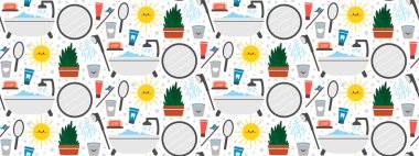 Duş ve kişisel bakım malzemeleriyle kusursuz banyo kalıpları. Sabah ve akşam rutini. Vektör illüstrasyonu.