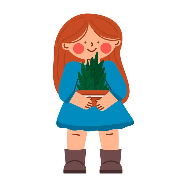 Malá vtipná, charakteristická puberťačka s kytkama v květináči a usmívá se. Vektorová ilustrace v kresleném stylu. — Stockový vektor