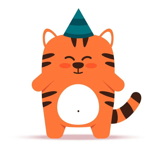 Leuke kleine oranje tijgerkat in een platte stijl. Dier in een pet. Gelukkige verjaardag en feestwensen. Voor banier, kinderkamer, decor. Vector hand getekend illustratie. — Stockvector