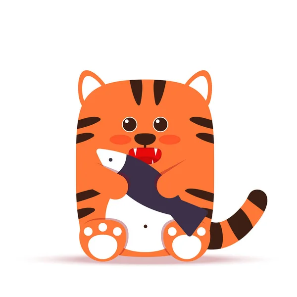 Leuke kleine oranje tijgerkat in een platte stijl. Het dier zit bij een vis. Het symbool van het Chinese Nieuwjaar 2022. Voor banier, kinderkamer, decor. Vector hand getekend illustratie. — Stockvector