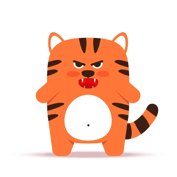 Leuke kleine oranje tijgerkat in een platte stijl. Dierensymbool voor Chinees Nieuwjaar 2022. Een boze tijger die staat. Voor banner, kinderkamer decor. Vectorillustratie. — Stockvector