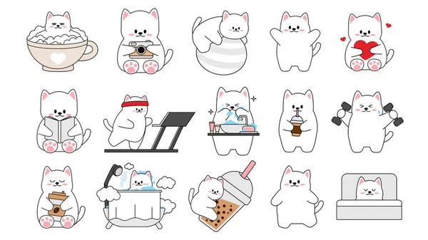 Beyaz arka planda farklı şirin kedi koleksiyonu. Kawaii çizgi film stili komik hayvan karakterleri dizaynı. Evcil kedi. Bebek çıkartmaları. Vektör illüstrasyonu.