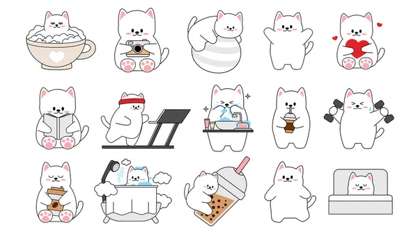 Kolekce různých roztomilých koček na bílém pozadí. Kawaii sada legrační zvířecí postavy design v kresleném stylu. Zvířecí kočka. Dětské samolepky. Vektorová ilustrace. — Stockový vektor