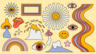 Bir dizi hipster retro cool psychedelic element. 70 'lerden kalma harika tırmanışlar koleksiyonu. Düzenlenebilir felç. Çizgi film çıkartmalarının soyut tasarımı. Trend vektör illüstrasyonu