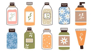 Şişeler ve kozmetik tüpleri, yüz, saç ve vücut kremi ile cilt bakımı için kavanozlar. Posta kartı, pankart, ambalaj kağıdı şablonu için moda. Vektör illüstrasyonu