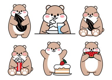 Çekici, şirin hamsterlar. Kawaii hamster bir tohum yer. Avatarların maskotlarının koleksiyonu beyaz arka planda izole edilmiş komik karakterli hayvan etiketleri. Vektör stok illüstrasyonu.