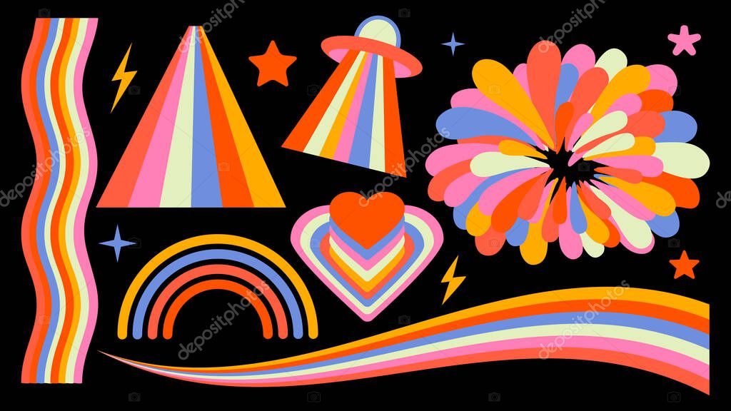 Set of hipster retro cool rainbow psychedelic elements. A collection of groovy cliparts iridescent from the 70s. Abstract design of cartoon stickers. Trend vector illustration.