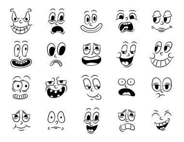 Eski geleneksel çizgi film animasyonlarının koleksiyonu. 20 'li yıllarda farklı duyguları olan insanların klasik yüzleri. Emoji karakteri 50 'lerin 60' larının ifadeleri. Baş, çizgi roman biçiminde tasarım elemanlarına bakar
