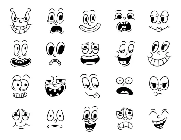 Collezione di vecchi cartoni animati retrò tradizionale. Volti vintage di persone con emozioni diverse degli anni '20-30. Espressioni di caratteri Emoji anni '50' 60. Testa volti elementi di design in stile comico — Vettoriale Stock