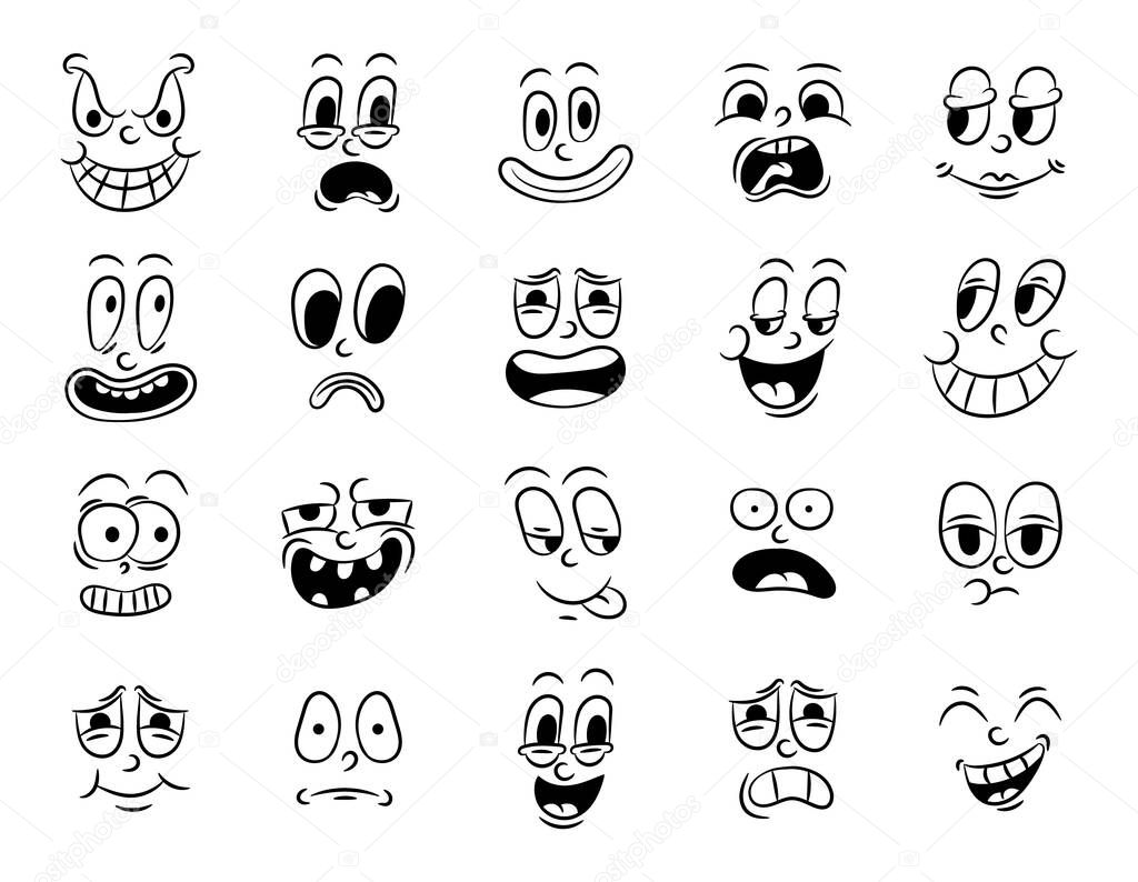 Collection of old retro traditional cartoon animation. Vintage faces of people with different emotions of the 20s 30s. Emoji character expressions 50s 60s. Head faces design elements in comic style.