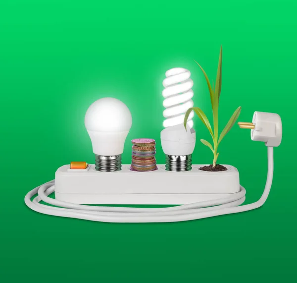 electrical extension cord with LED and Fluorescent bulbs, coins and green sprout on green gradient background. Green energy and ecology concept.