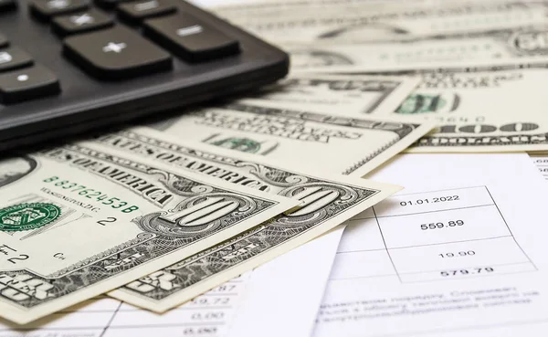 Hesap makinesi, para ve farklı faturalar. İş, ev ve ev bütçesi kavramı