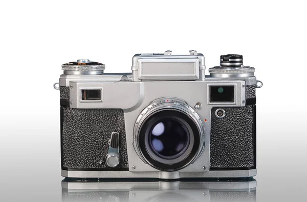 Oude Analoge Compacte Camera Witte Achtergrond Met Reflectie — Stockfoto