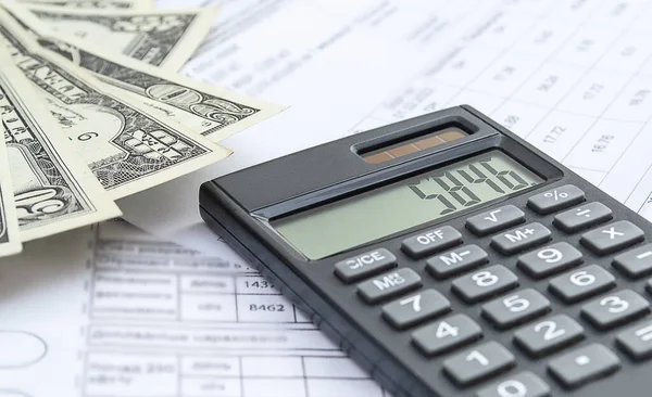 Калькулятор Деньги Разные Счета Крупным Планом Концепция Бизнес Бытовой Домашний — стоковое фото
