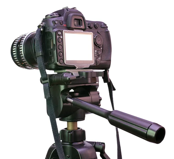 Beyaz Arka Planda Izole Edilmiş Tripoddaki Modern Dslr Kamera — Stok fotoğraf