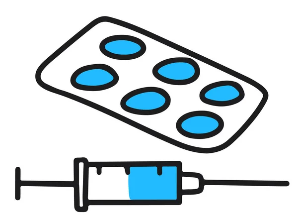 Pastillas y jeringa con dibujo de la línea doodle medicina — Archivo Imágenes Vectoriales