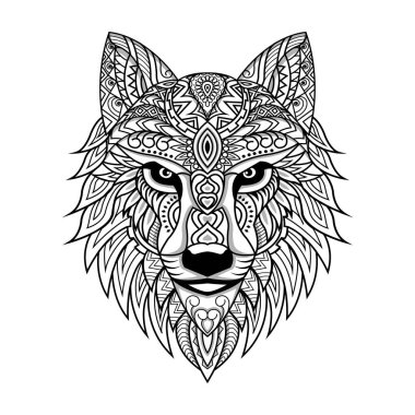 line art wolf in ethnic vector white background