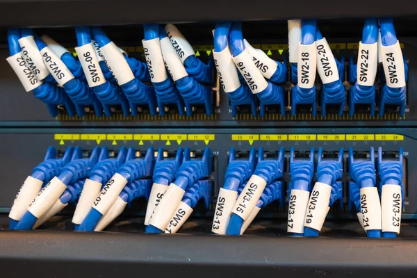 Close Fibra Ottica Sala Server Cavi Rete Installati Nel Rack — Foto Stock