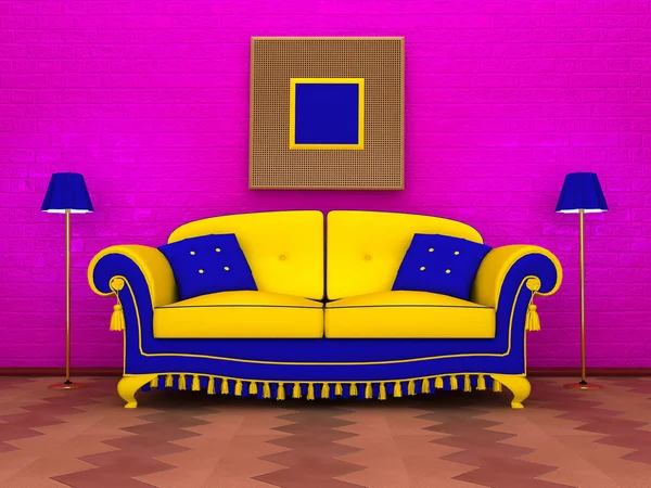 Gelbblaues Sofa und Bilderrahmen in abstraktem Interieur (3D-Rendering) ) — Stockfoto