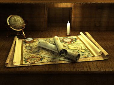 Vintage globe and compass on antique map ( 3d rendering )