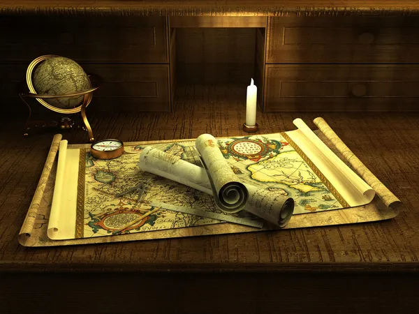 Vintage globe and compass on antique map ( 3d rendering ) — Stock Photo, Image