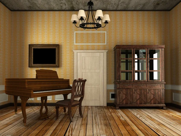 Gammalt piano i det gamla rummet (3D-rendering ) — Stockfoto