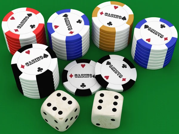 Fichas de poker e dois dados (renderização 3d  ) — Fotografia de Stock