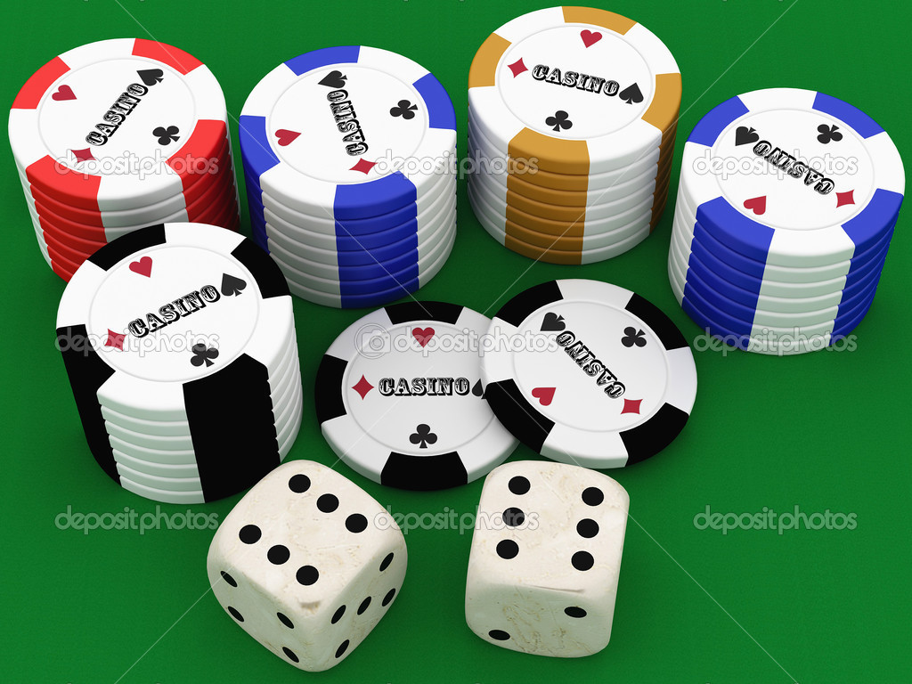 Poker chips and two dice ( 3d rendering )
