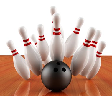 Bowling topu, skittles vurma ( 3d render )