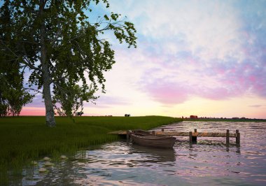 (3d render gölün kıyısında yaz akşamı)
