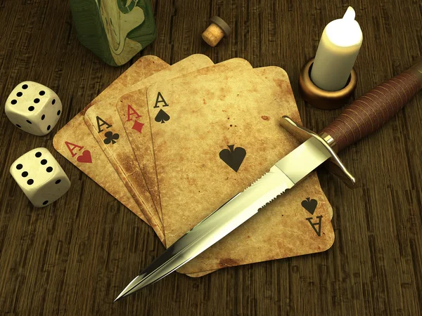 Old vintage poker cards and two dice ( 3d rendering ) — Stock Photo, Image