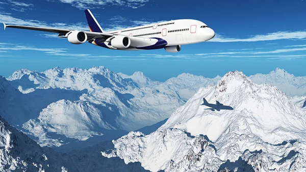 Flugzeug über den Bergen (3D-Darstellung) ) — Stockfoto